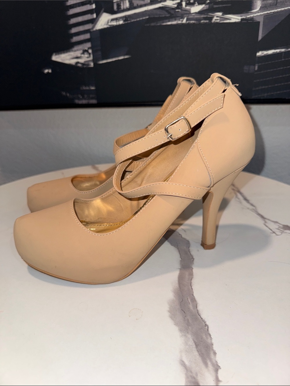 Nude Cross-Strap High Heel Pumps